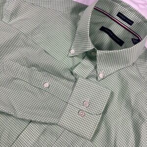 Tommy Hilfiger Button Up Collared Shirt Mens LRG Green White Gingham Long Sleeve